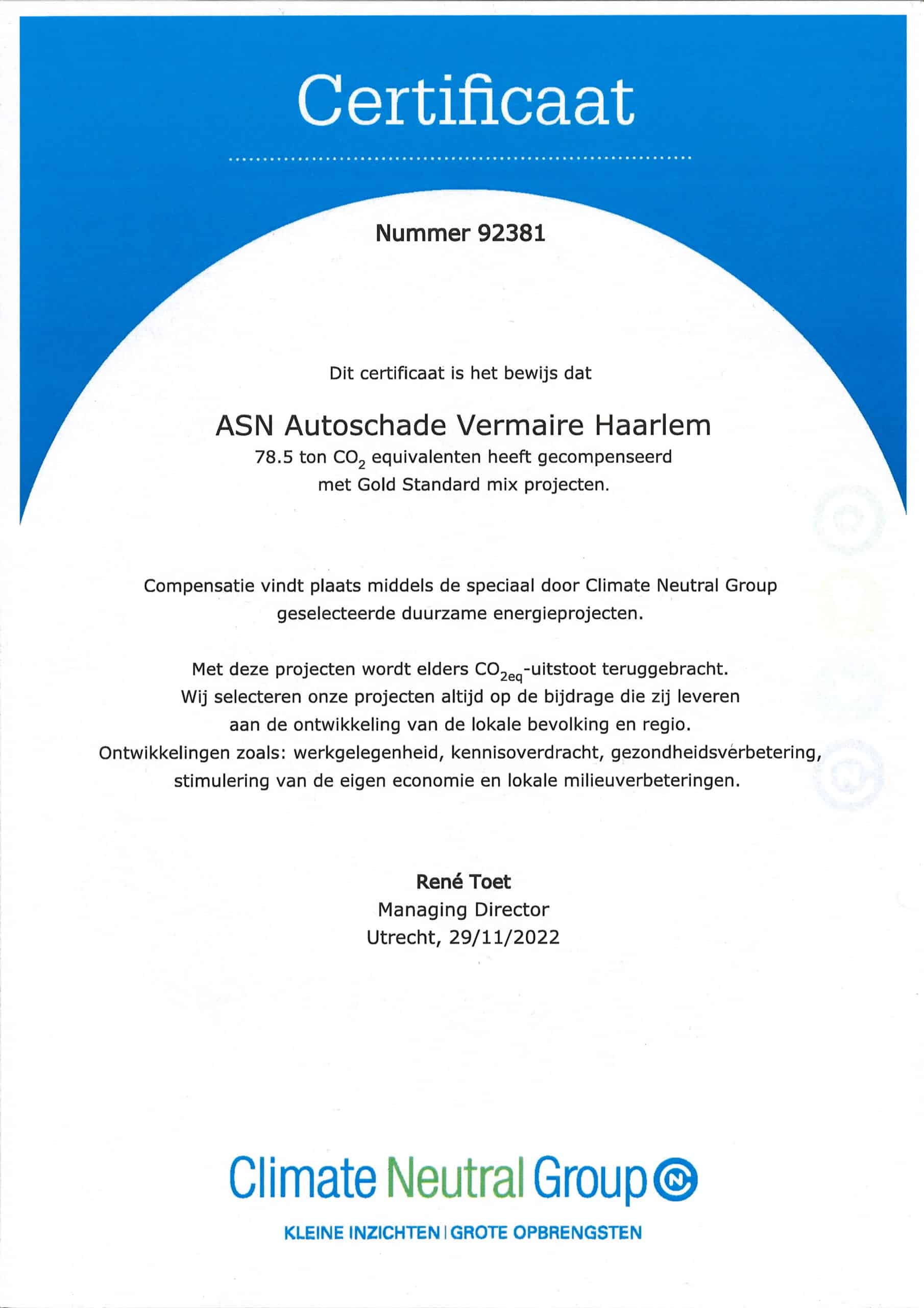 certificaat ASN Autoschade Vermaire Haarlem